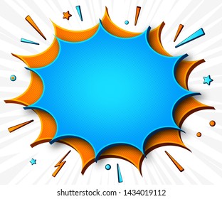 Comics background. Cartoon poster in pop art style with orange-blue speech bubbles with halftone and sound effects. Funny colorful banner with place for text on white backdrop with radial stripes