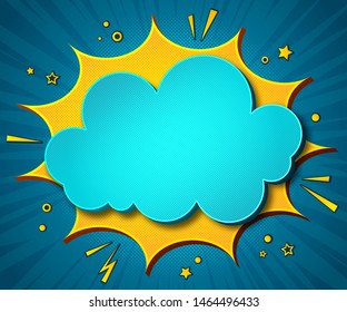 Comics background. Cartoon poster in pop art style with yellow -blue speech bubbles with sound effects. Funny colorful banner with place for text on blue backdrop with radial stripes