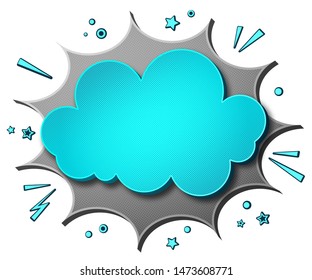 Comics background. Cartoon poster in pop art style with grey-blue speech bubbles with sound effects. Funny colorful banner with place for text on white backdrop