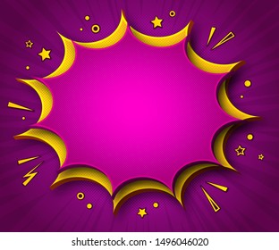 Comics background. Cartoon poster in pop art style with pink-yellow speech bubbles with halftone and sound effects. Funny colorful banner with place for text on dark purple backdrop