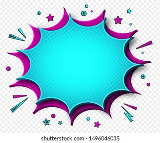 Comics background. Cartoon poster in pop art style with pink-blue speech bubbles with halftone and sound effects. Funny colorful banner with place for text on transparent backdrop