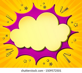 Comics background. Cartoon poster in pop art style with pink-yellow speech bubbles with halftone and sound effects. Funny colorful banner with place for text on yellow striped backdrop