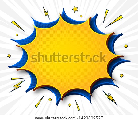 Comics background. Cartoon poster in pop art style with yellow-blue speech bubbles with halftone and sound effects. Funny colorful banner with place for text on white backdrop with radial stripes