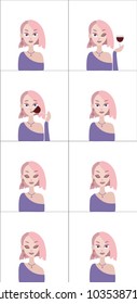 comics. beautiful girl with pink hair. drinks wine from a glass. and dances with closed eyes