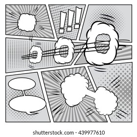 Comics book background in black and white colors. Mock-up of cartoon book page with speech bubbles, sound, halftone effects and place for text. Pop-art style.