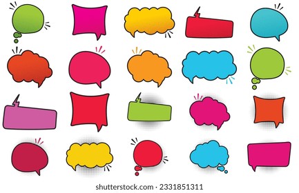 Comics book background blank template. Comic text empty bubble collection colored empty cloud pop art vector comic box balloon. Set message bubble speech cartoon expression illustration