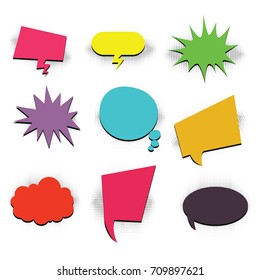 Comics book background blank template. Comic text empty bubble collection colored empty cloud pop art vector comic box balloon. Set message bubble speech cartoon expression illustration.