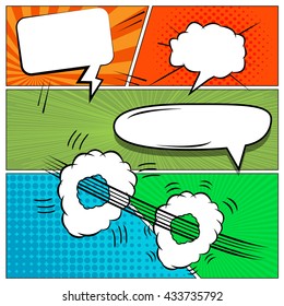 Comics book background. Mock-up of comics book page with speech bubbles, sound and halftone effects. Pop-art style. Template for web and mobile applications