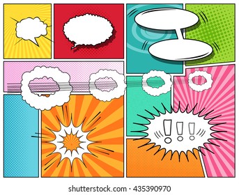 Comics book background. Mock-up of scrapbook page with speech bubbles, sound and halftone effects. Pop-art style. Template for web and mobile applications