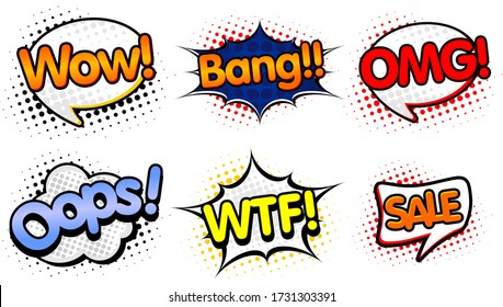Comics buchen Ballon. Bubble Icon Pop Art Sprache Satz. Cartoon exklusiven Schriftmarken Tag Ausdruck. Comic Text Vintage Soundeffekte. Wow, Knall, Hopfen. Aufkleber 