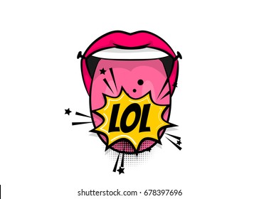 Comics book balloon. Pop art woman show tongue smile lips LOL, fun, wow. Bubble speech phrase. Cartoon pop art girl lipstick font label tag expression. Comic text sound effects. Vector illustration. svg