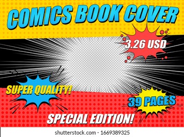 Comics book cover horizontal template with different inscriptions colorful speech clouds halftone and beams effects. Vector illustration