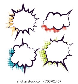 Comics book dialog empty cloud, space cartoon box pop-art. Set outline picture template memphis style text speech bubble halftone dot background. Creative idea conversation sketch explosion balloon.