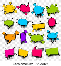 Comics Book Dialog Empty Cloud, Space Cartoon Box Pop-art. Creative Idea Conversation Sketch Explosion. 20 Big Set Picture Blank Template Pop Art Style Comic Text Speech Bubble Halftone Dot Background