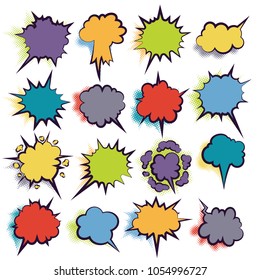 Comics book dialog empty clouds, space cartoon box pop-art. Set of template memphis style text speech bubble on violet, lilac background. Creative idea conversation sketch explosion shiny balloon.