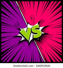 Comics book empty colored template background. Pop art colorful backdrop mock up. Versus comic text. Vector illustration halftone dot chat. Silhouette boom explosion. Speech bubble box balloon.