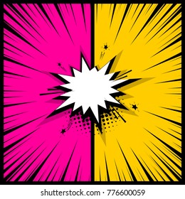 Comics Book Empty Colored Template Background. Pop Art Colorful Backdrop Mock Up. Vector Illustration Halftone Dot Chat Mockup Versus Comic Text. Silhouette Boom Explosion. Speech Bubble Box Balloon.