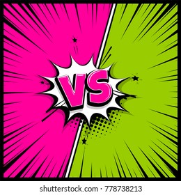 Comics book empty colored template background. Pop art colorful backdrop mock up. Vector illustration halftone dot chat. Silhouette boom explosion. Speech bubble box balloon. Versus comic text.