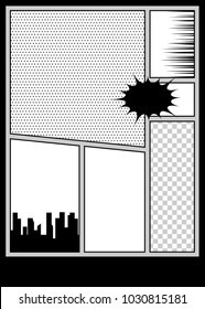 Comics book monochrome template background. Pop art black white empty backdrop mock up. Vector illustration halftone dot mockup for comic text. Silhouette city boom explosion. Speech bubble balloon.