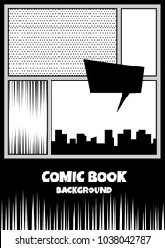 Comics book monochrome template background. Pop art black white empty backdrop mock up. Vector illustration halftone dot mockup for comic text. Silhouette city boom explosion. Speech bubble balloon.