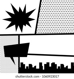 Comics book monochrome template background. Pop art black white empty backdrop mock up. Vector illustration halftone dot mockup for comic text. Silhouette city boom explosion. Speech bubble balloon.