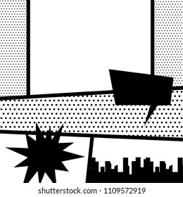 Comics book monochrome template background. Pop art black white empty backdrop mock up. 