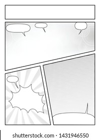 Comics book monochrome template background halftone dot mockup comic speech bubbles on halftone background