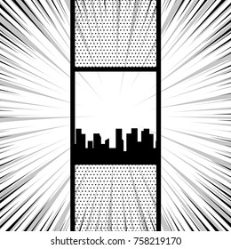 Comics book monochrome template background. Pop art black white empty backdrop mock up. Vector illustration halftone dot mockup for comic text. Silhouette city boom explosion. Speech bubble speed line