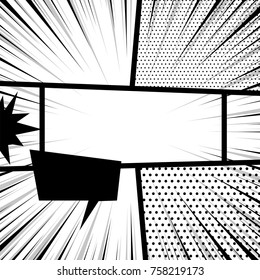 Comics book monochrome template background. Pop art black white empty backdrop mock up. Vector illustration halftone dot mockup for comic text. Silhouette boom explosion. Speech bubble balloon.