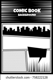 Comics book monochrome template background. Pop art black white empty backdrop mock up. Vector illustration halftone dot mockup for comic text. Silhouette city boom explosion. Speech bubble balloon.