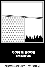 Comics book monochrome template background. Pop art black white empty backdrop mock up. Vector illustration halftone dot mockup for comic text. Silhouette city boom explosion. Speech bubble balloon.