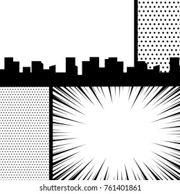 Comics book monochrome template background. Pop art black white empty backdrop mock up. Vector illustration halftone dot mockup for comic text. Silhouette city boom explosion. Speech bubble balloon.