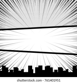 Comics book monochrome template background. Speech bubble balloon. Pop art black white empty backdrop mock up. Vector illustration halftone dot mockup for comic text. Silhouette city boom explosion.