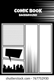 Comics book monochrome template background. Pop art black white empty backdrop mock up. Vector illustration halftone dot mockup for comic text. Silhouette city boom explosion. Speech bubble balloon.