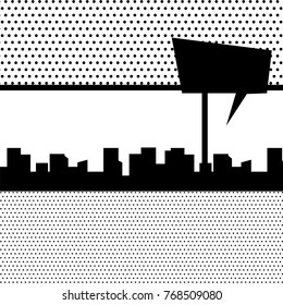 Comics book monochrome template background. Silhouette city boom explosion. Speech bubble balloon. Pop art black white empty backdrop mock up. Vector illustration halftone dot mockup for comic text.