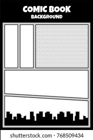 Comics book monochrome template background. Pop art black white empty backdrop mock up. Vector illustration halftone dot mockup for comic text. Silhouette city boom explosion. Speech bubble balloon.