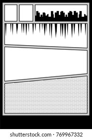 Comics book monochrome template background. Pop art black white empty backdrop mock up. Vector illustration halftone dot mockup for comic text. Silhouette city boom explosion. Speech bubble balloon.