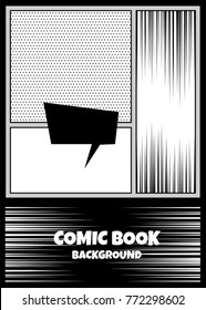 Comics Book Monochrome Template Background. Pop Art Black White Empty Backdrop Mock Up. Vector Illustration Halftone Dot Mockup For Comic Text.