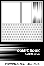 Comics book monochrome template background. Pop art black white empty backdrop mock up. Vector illustration halftone dot mockup for comic text.
