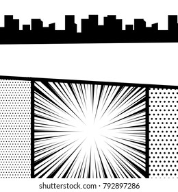 Comics book monochrome template background. Pop art black white empty backdrop mock up. Vector illustration halftone dot mockup for comic text. Silhouette city boom explosion.