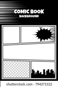 Comics book monochrome template background. Pop art black white empty backdrop mock up. Vector illustration halftone dot mockup for comic text. Silhouette city boom explosion. Speech bubble balloon.