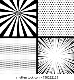 Comics book monochrome template stripped background Pop art black white empty backdrop mock up. Vector illustration halftone dot mockup for comic text. Silhouette boom explosion. Speech bubble balloon
