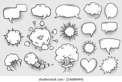 Comics book speech bubbles clouds for sound effects, pops and explosions. Dialogue balloons, heart shaped frame. Cartoon chat bubble frames with shadow vector set