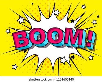 Comics Boom! Comic Vector cartoon illustration explosions. Symbol, sticker tag, special offer label, advertising badge. Sign banner. Comics speech bubble bang. Clouds for explosions like boom. Pop-art