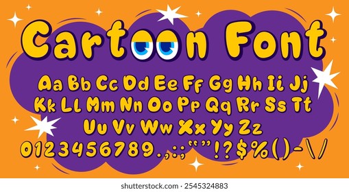 Comics bubble font type, balloon typeface, fat alphabet letters and numbers with funny cartoon eyes, vector typography set. Comics book, kids game or graffiti bubble font with orange abc characters