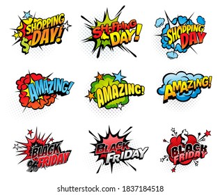 Comics bubbles for shopping day and black friday isolated vector icons. Cartoon pop art retro sound cloud blast explosion with stars, percent and dollar. Boom bang colorful half tone amazing signs set