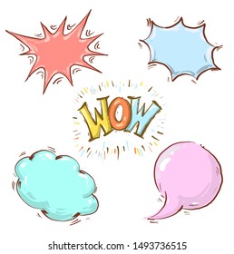 Comics cartoon empty speech Bubbles with phrase WOW, create your own design