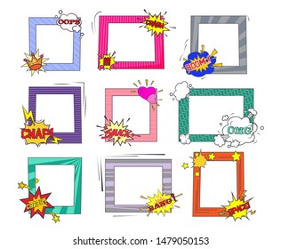 Comics cartoon frame set. Square, speech bubbles, border. Frame concept. Vector illustrations can be used for message, collage, picture, photo