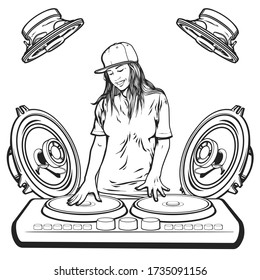 Comics cartoon illustration of DJ woman with cap, dynamics and dj remote, cute and beautiful happy girl in the dance club