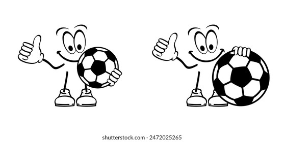 Comics, cartoon soccer ball mascot. Goal net. Soccer border on football grass field. Vector stadium, supporters. wk, ek sport finale, sports game. Street ball. Playground 2023, 2024, 2025.